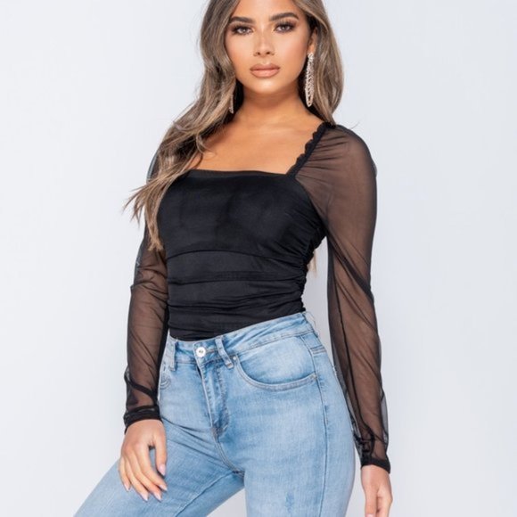 Chic Simplicity Black Mesh Sleeve Bodysuit - Picture 2 of 8